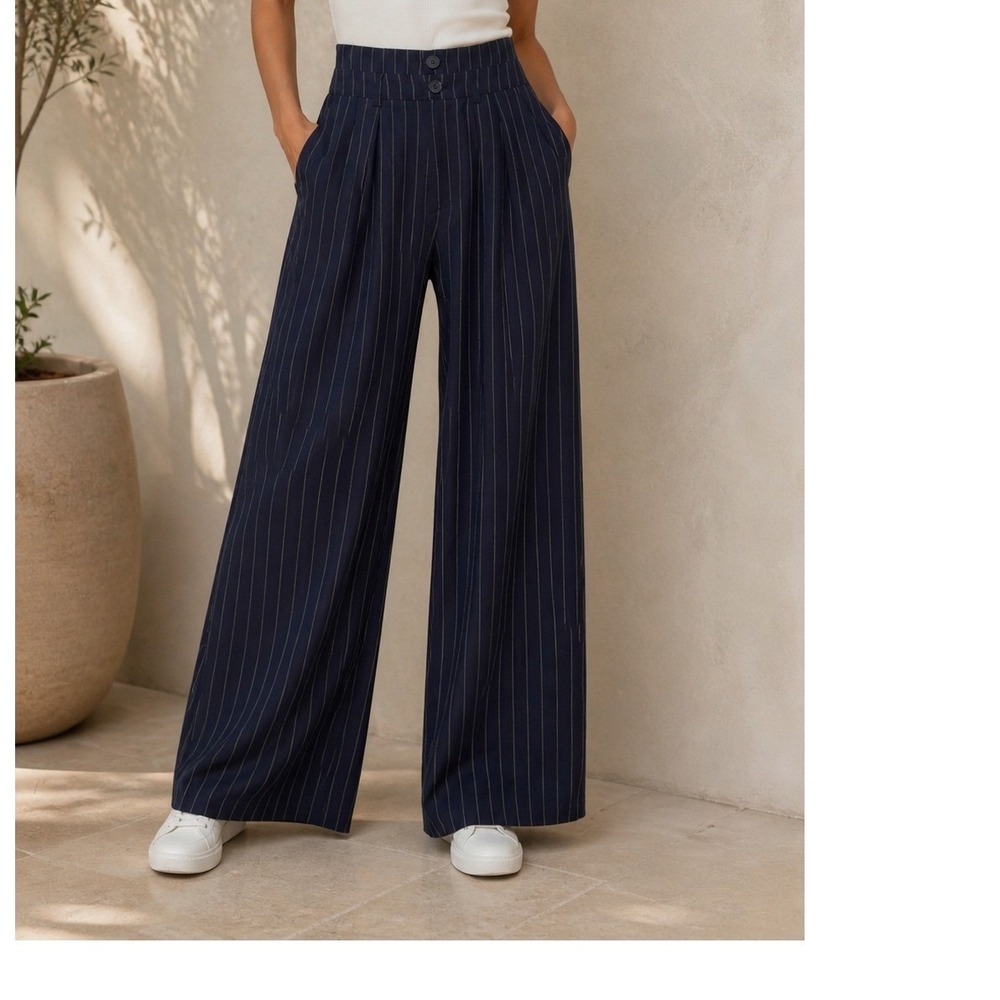 Cider Navy Blue Pinstripe High Waisted Wide Leg Pleated Trousers Pants Size M